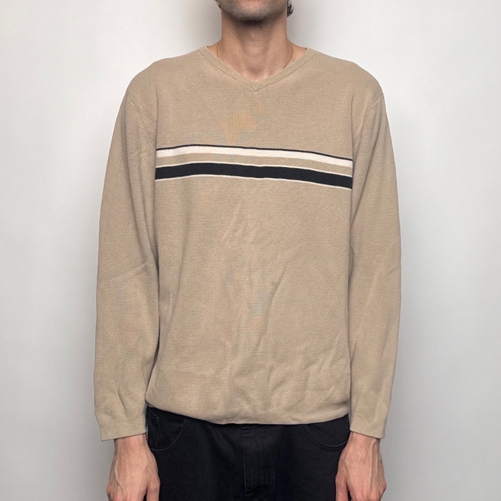 Vtg High Sierra Mens XL Tan Cotton V-Neck Striped Sweater Made in Australia
